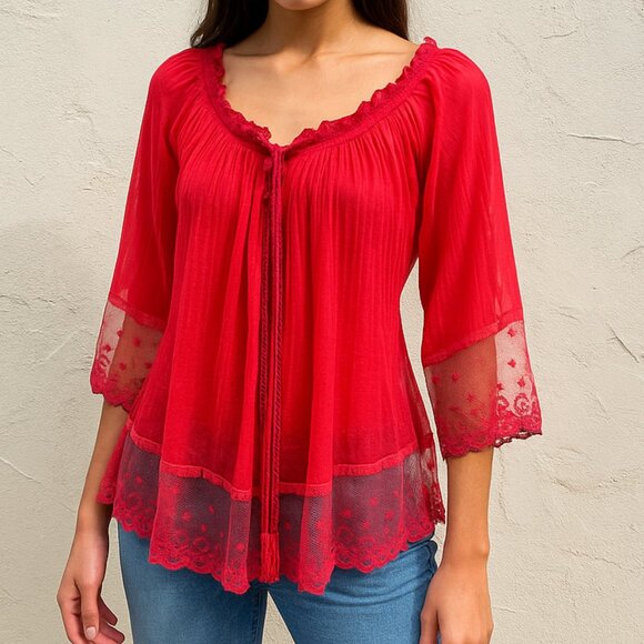 Solitaire Red Lace Boho Peasant Blouse Women’s Sz S Tunic 3/4 Sleeve Tassel Tie - Picture 2 of 11